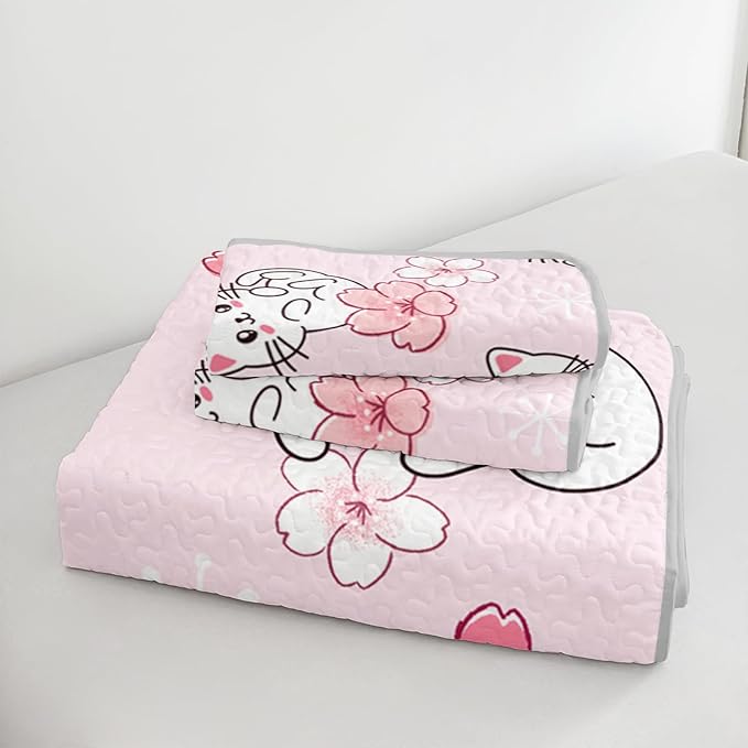 QOOMO Floral Cat Quilt Set Full/Queen Size,Sakura Cats Bedspread Coverlet Set,Cute Cats 3Pcs Bedding Set Printed Quilt with 2 Pillowcases,Soft and Lightweight,for All Seasons