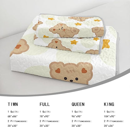 AILONEN Cute Bear Twin Size Quilted Bedspread Coverlet,Brown Teddy Bear Quilt Set 3Pcs,Soft Cartoon Animal Themed Bed Cover for Kids + 2 Pillowcases