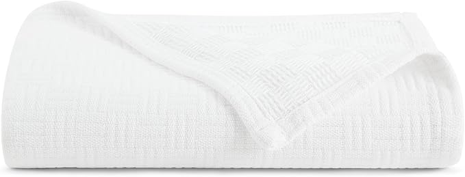 Arkwright Basket Weave Queen Blanket - 100% Ringspun Cotton All Season Blankets, Luxury Hotel Quality, Soft on Skin, Breathable, 300 GSM for Bed, Sofa, and Chair, 90 X 90 in, White