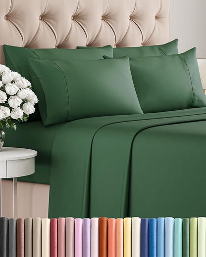 Queen Sheets Set 6 Piece - Includes 4 Pillowcases - Bed Sheets Queen Size - Soft Hotel Luxury Bedding - Cooling, Comfy, Cozy & Breathable - 1 Flat & 1 Fitted & 4 Pillowcases w/ Deep Pockets - Emerald