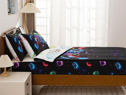 Holawakaka Kids Zipper Bedding Gaming Comforter Set, Boys Girls Twin Size Galaxy Gamer Print Zippered Bed Sets, Child Cartoon Dorm Zip Bed-in-A-Bag