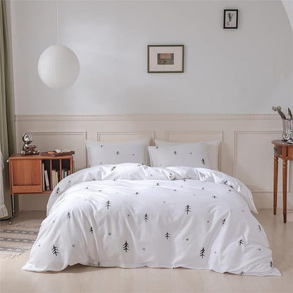 BuLuTu Kids Duvet Cover Twin Cotton White/Grey,Premium Boys Girls Bedding Sets Twin,Single Bed Comforter Cover Zipper Closure,Forest Tree Print Pattern,Super Soft,Breathable,No Comforter