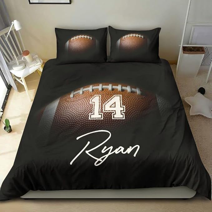 Personalized American Football Bedding Set, Kids 3 Piece Duvet Cover Set with Pillow Shams for Teens Boys, NO Comforter, Twin Size for Rugby Lovers (Football 05)