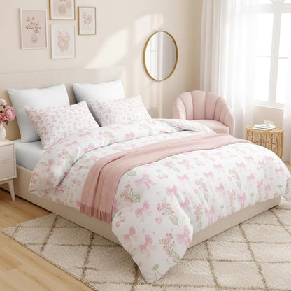 Bow Duvet Cover Queen Size Pink Floral Coquette Bedding Set with Cherry Kids Boys Girls Cute Heart Bowknot Reversible Soft Microfiber Duvet Cover Set 3 Pieces with 2 Pillowcases