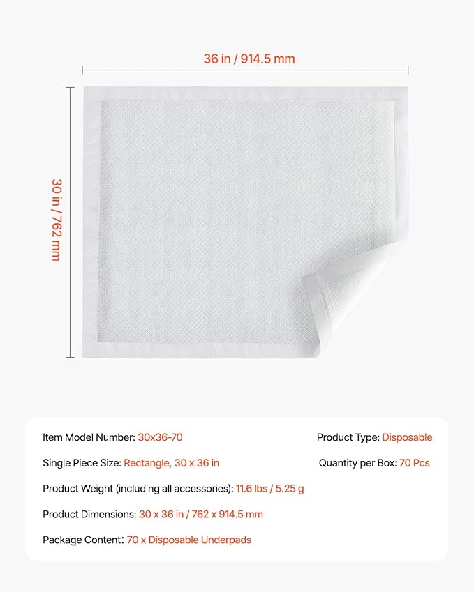 VEVOR Disposable Underpads, 30" x 36" Incontinence Bed Pads, Super Absorbent Chux Pads with 5-Layer Protection for Bed Sofa and Mattress, Protective Bedwetting Pad for Pet Adult Kid Elderly (70-Pack)