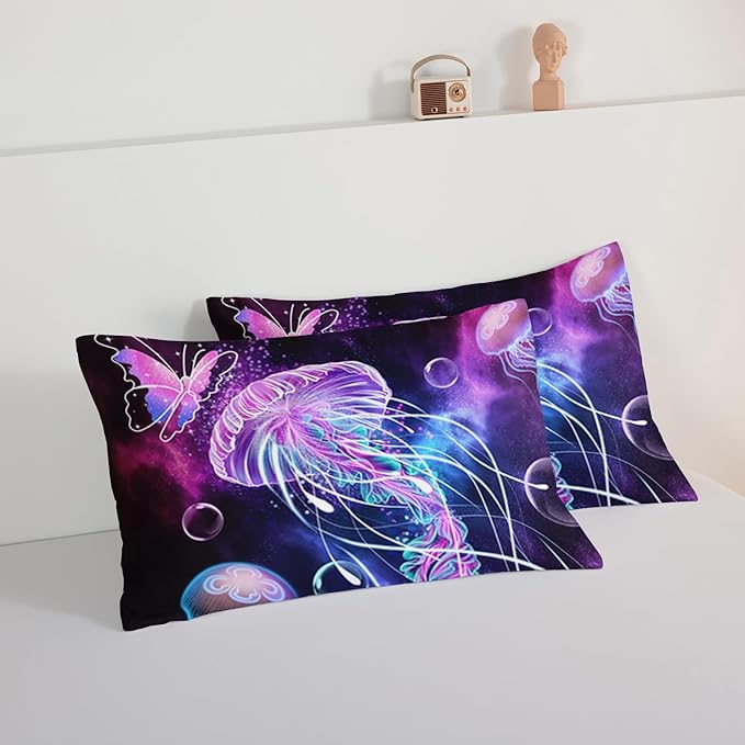 HOSIMA Jellyfish Printed Comforter Ocean Theme Bedding Set 3 Piece,Universe Starry Sky King Size Comforter Set Galaxy Bedding Room Decor Butterfly Comforter for Kids Teens Adult.