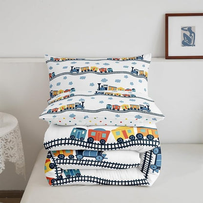 Erosebridal Cartoon Train Bedding Set Full for Boys Cute Truck Comforter Set Car Themed Bedding Sets & Collections Kawaii Steam Engine Duvet Insert Blue Clouds Print Quilted Comforter for Kids Bedroom