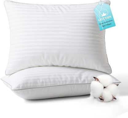 Bed Pillows King Size Set of 2-100% Cotton Cover, Down Alternative Gel Polyfill Filled, Flat Soft Medium Adjustable Hotel-Style Pillow Inserts, 20x36 Inch