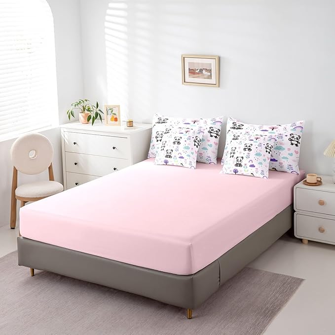 Erosebridal Twin Comforter Set for Kids,7 Pieces Floral Panda Bedding Sets Twin Bed in a Bag,Reversible Cartoon Animal Bed Set,Cute Flower Comforter, Sheets, Pillowcases and Cushion Cases