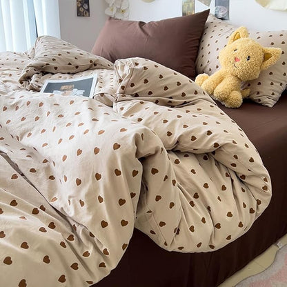 Light Khaki Duvet Cover Full 3Pcs Chocolate Brown Love Heart Bedding Set Simple Fashion Love Heart Shaped Pattern Bedding Reversible Soft Microfiber Zipper Closure