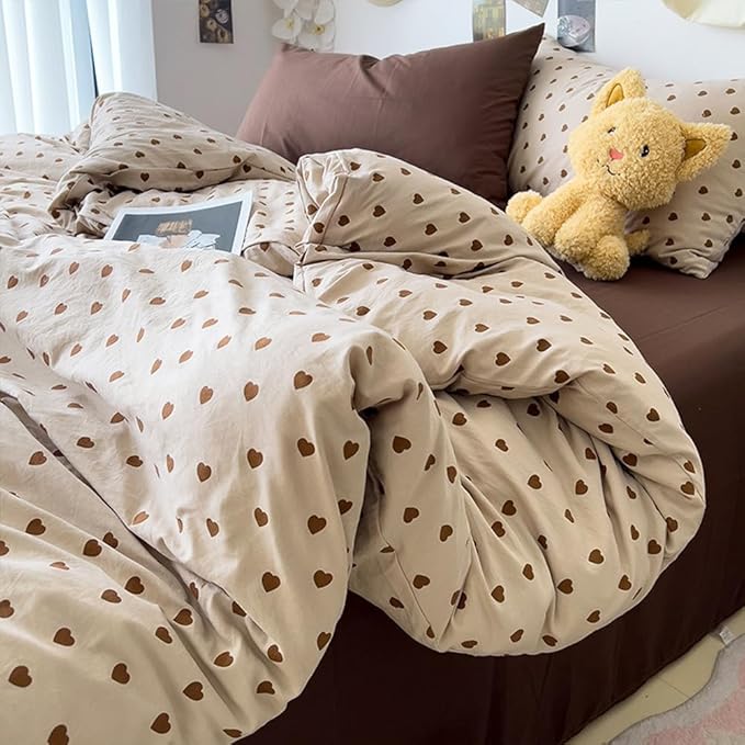 Light Khaki Duvet Cover Twin 2Pcs Chocolate Brown Love Heart Bedding Set Simple Fashion Love Heart Shaped Pattern Bedding Reversible Soft Microfiber Zipper Closure