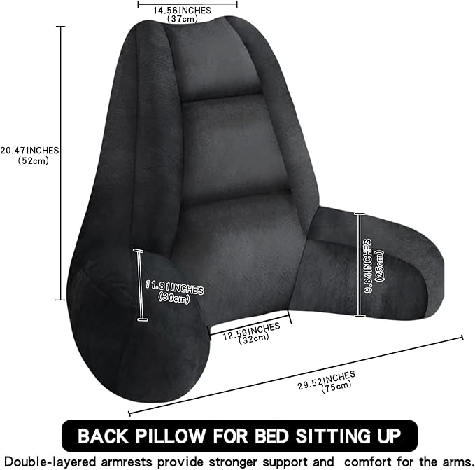 RRPAHWTV Reading Pillow for Bed with High Arm Rests,Back Support Pillow for Sitting Up in Bed with Shredded Memory Foam for Reading, TV, Gaming or Relaxing on Floor（Black，Small）