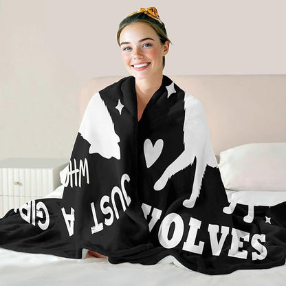 Wolf Lover Blanket, Just A Girl Who Loves Wolves Blanket, Soft Warm Cozy Fleece Throw, Gifts for Girls Women Kids, 40"x50", Black