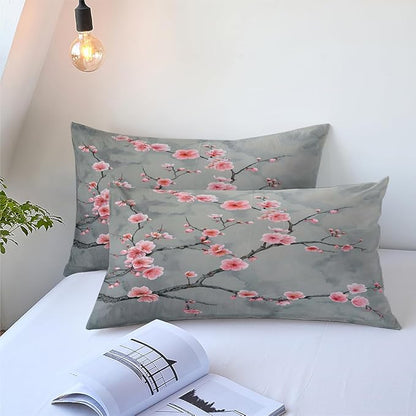 Grey Pink Cherry Blossom Duvet Cover Queen Size Japanese Cherry Blossoms Duvet Cover Set Vintage Floral Bedding Set Soft Microfiber Comforter Cover(2 Pillowcases, No Comforter)