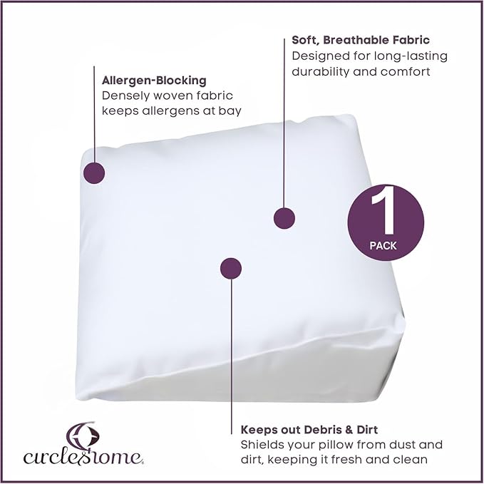 CirclesHome Wedge Pillow Cover 100% Cotton, Zippered Wedge Pillow Case Protector, Soft, Hypoallergenic & Breathable - 25x26x10”