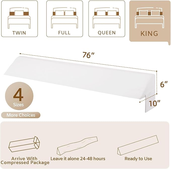 Bedluxe King Wedge Pillow Headboard (76"x10"x6"), Bed Wedge Pillow for Headboard, Foam Headboard Pillow, Bed Gap Filler King - Fill The Gap (0-7"), Mattress Gap Filler (White)