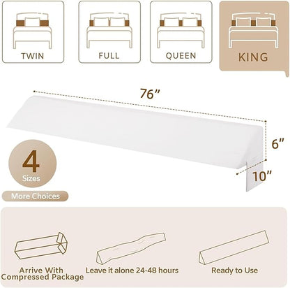 Bedluxe King Wedge Pillow Headboard (76"x10"x6"), Bed Wedge Pillow for Headboard, Foam Headboard Pillow, Bed Gap Filler King - Fill The Gap (0-7"), Mattress Gap Filler (White)