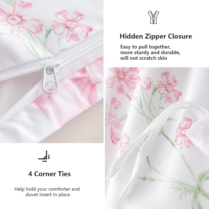 Duvet Cover King 3Pcs Pink Floral Bow Bedding Set for Girls Kids, Romantic Princess Style Bowknot Bedding, Ultra Soft Reversible Garden Flower Duvet Cover Set(2 Pillowcases,No Comforter)