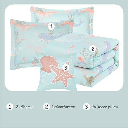 Glow in The Dark Kids Comforter Set Full Size for Girls, Ocean Animals Bedding Set 1 Comforter, 1 Decor Pillow, 2 Pillow Shams