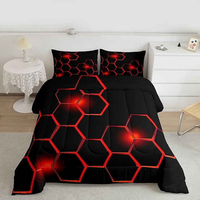 Feelyou Honeycomb Kids Comforter Set Modern Hexagon Bedding Set for Boys Children Teens Bedroom Decor Geometrical Comforter Beehive Geometric Black Red Duvet Set Full Size with 3 Pillow Case