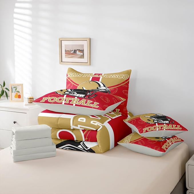 Feelyou Football Comforter Set with Sheets 7 Piece Queen Size Ball Games Bed in a Bag Kids Boys Girls Rugby Bedding Set City of Footballs Bedroom Decor Rugby Sports