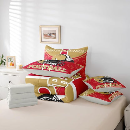 Feelyou Football Comforter Set with Sheets 7 Piece Queen Size Ball Games Bed in a Bag Kids Boys Girls Rugby Bedding Set City of Footballs Bedroom Decor Rugby Sports