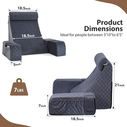 Vekkia 21" Large Reading Pillow with Adjustable Arms & Headrest – Wide Backrest Cushion for Adults with Extra-Large Pockets for Reading, TV, Gaming & Work, Recovery on Bed & Floor, 21"(Grace Grey)