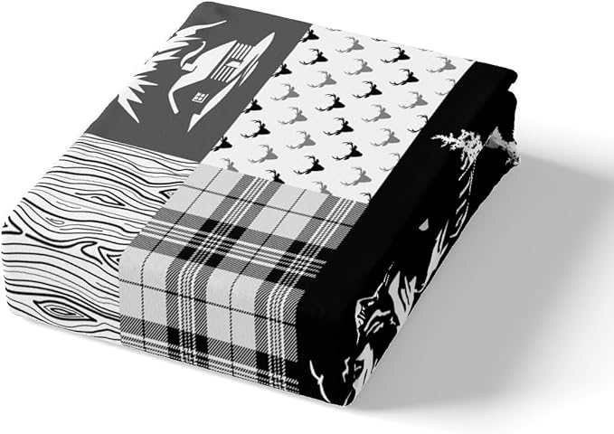 Castle Fairy Rustic Farmhouse Duvet Cover Set Full Size,Deer Bear Wolf Wild Animals Hunting Comforter Cover with 2 Pillowcases,Adventure Plaid Black Check Tribal Breathable Bedspread for Boys Teens