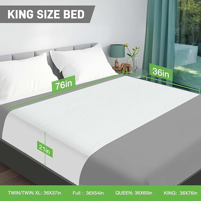 Bed Pads Washable Waterproof for Incontinence Adults, Reusable Wetting Pad Mattress Protector Underpads Tuckable Quick Dry, Fits King Size Bed, 36" x 76", White