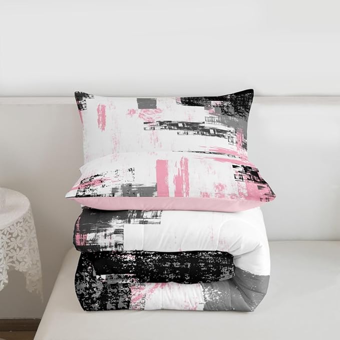 Feelyou Abstract Bedding Set Kids Modern Abstract Art Comforter Set Pink White Black Comforter for Boys Room Decor Lightweight Retro Duvet Set King Size with 2 Pillow Case