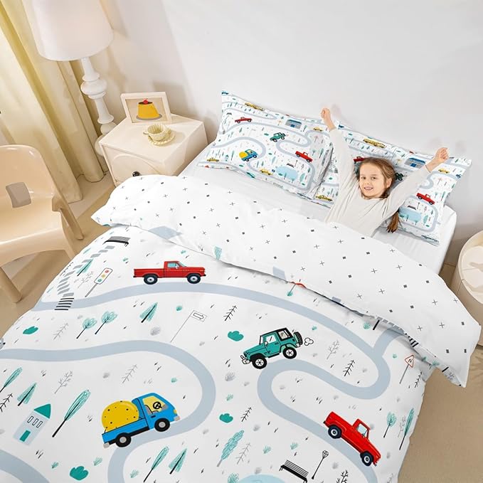 Cartoon Truck Bedding Set Full Size,Boys Road Traffic Themed Duvet Cover Set Car Vehicle Transport Comforter Cover 3pcs for Kids Teens Room Decor,Watercolor Tree White Quilt Cover,2 Pillowcases