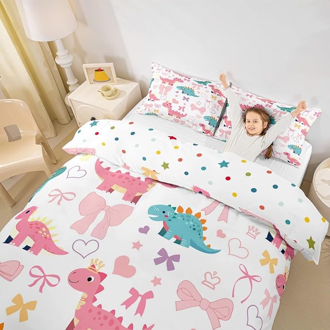Cute Dino Duvet Cover Set Toddler Size,Kawaii Bowknot Heart Princess Style Reversible Quilt Cover for Kids Boys Girls Pink Blue Dinosaur Cartoon Animal Bedding Set with 1 Pillowcase,No Comforter