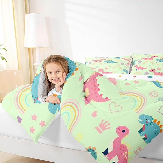 Castle Fairy Kawaii Dino Kids Comforter Set Queen Size,Cute Rainbow Floral Love Heart Reversible Bedding Set for Girls Bedroom Decor Pink Green Dinosaur Lovely Animal Quilted Duvet,2 Pillowcases