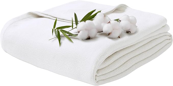 Queen Size Blanket, 70% Rayon (Derived from Bamboo) and 30% Cotton, Lightweight Jacquard Weave, Breathable and Soft Summer Blanket for Bed or Couch, 90” x 90”, White