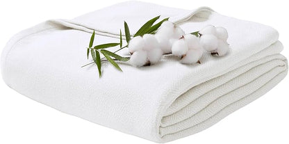 Twin Size Blanket, 70% Rayon (Derived from Bamboo) and 30% Cotton, Lightweight Jacquard Weave, Breathable and Soft Summer Blanket for Bed or Couch, 66” x 90”, White