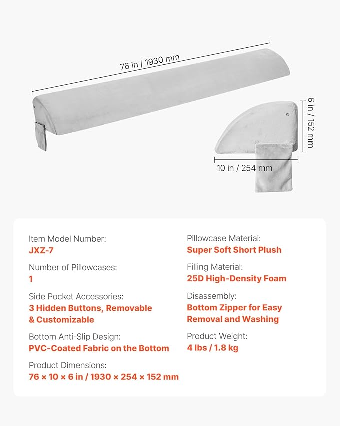 VEVOR Bed Wedge Pillow for Headboard, King Size, 76"x10"x6" Bed Gap Filler, Fill 0-7" Gap Between Headboard and Mattress, Soft Plush Mattress Wedge Headboard Pillow with Side Pocket, for Backrest Gray