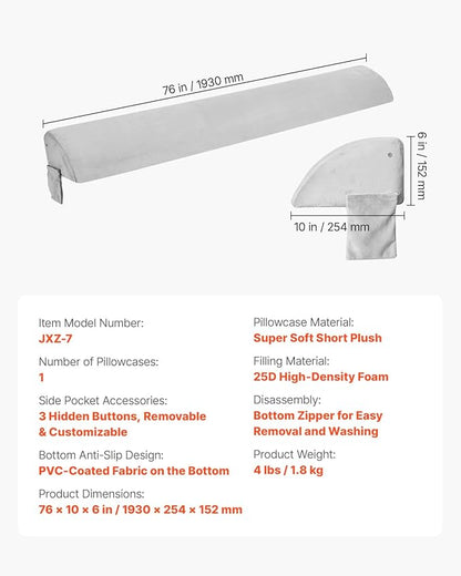 VEVOR Bed Wedge Pillow for Headboard, King Size, 76"x10"x6" Bed Gap Filler, Fill 0-7" Gap Between Headboard and Mattress, Soft Plush Mattress Wedge Headboard Pillow with Side Pocket, for Backrest Gray
