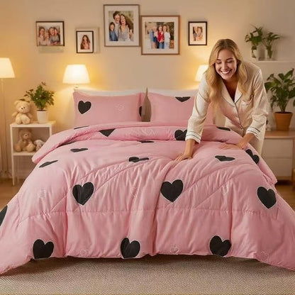 Caressma Girls Pink Comforter Set Twin Size - Blush Pink Cute Love Heart Print Comforter Bedding Set for All Seasons, Geometric Soft Microfiber Comforter Set with Pillowsham