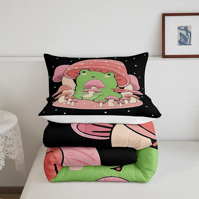 Feelyou Cartoon Mushroom Frog Bedding Set Cute Frog Comforter Set for Kids Boys Girls Natural Wild Fungus Comforter Pink Mushroom Duvet Set 1 Comforter Set with 2 Pillowcases King Size Boys