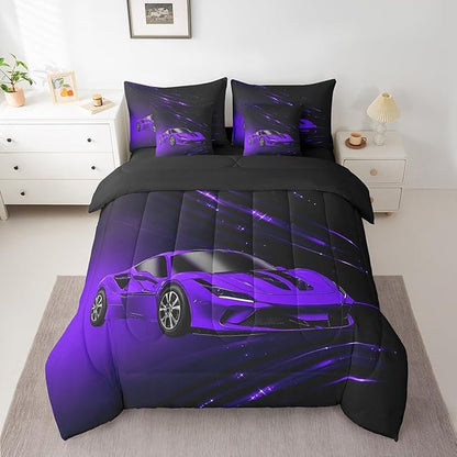 Feelyou Boys Purple Race Car 7 Piece Bedding Set Queen Size Speed Sports Car Comforter Set with Sheets for Kids Teens Adult Fast and Furious Bed in a Bag Purple Ombre Bed Set