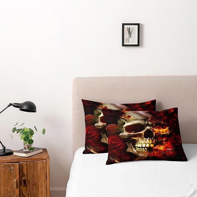 Burning Skull and Red Roses Full Size Duvet Cover Set Flowers Comforter-Cover and Pillowcases Black Background Burning Gothic and Florals Print Bedding Set Bedroom Decor