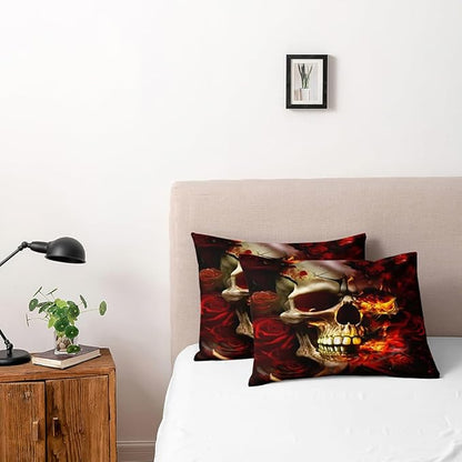 Burning Skull and Red Roses King Size Duvet Cover Set Flowers Comforter-Cover and Pillowcases Black Background Burning Gothic and Florals Print Bedding Set Bedroom Decor