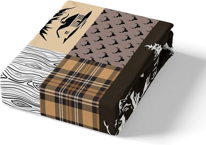 Hunting Adventure Bedding Set King Size for Teens,Deer Bear Wolf Rustic Farmhouse Comforter Cover with 2 Pillowcases,Exotic Aztec Boho Tribal Brown Check Duvet Cover Set Microfiber Quilt Cover