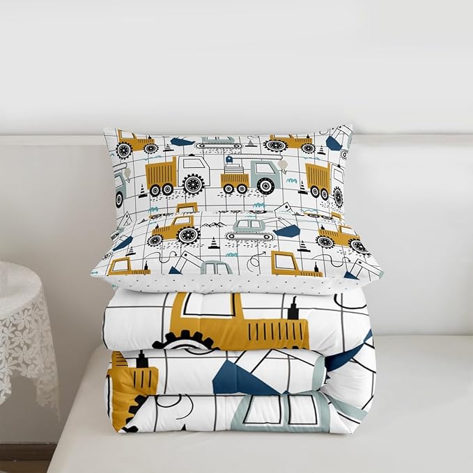 Feelyou Construction Comforter Set Full Size Kids Excavator Tractor Toddler Comforter Cartoon Car Equipment Trucks Plaid Grid Comforter Set Construction Vehicles White Yellow Duvet Set