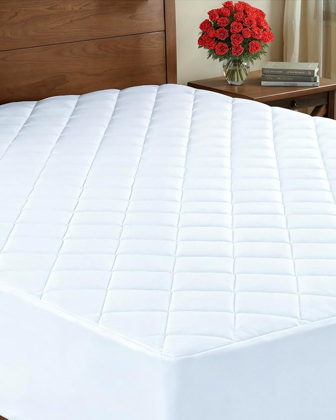 Quilted Fitted Mattress Pad Queen Size - Elastic Fitted Mattress Topper Protector & Cover - Breathable, Soft, Low Profile Top Cover with 8-16 Inch Deep Pockets - Easy-Fit & Machine Washable - White