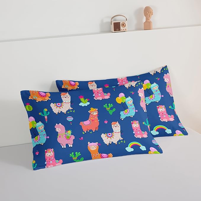 HOSIMA Kids Cute Llama Bed in a Bag King Size Comforter Set,Cartoon Rainbow Alpaca Comforter with 2 Pillowcases,Animal Bedding Sets for Children Room Decor,Blue Toddler Bedding Set for Boys Girls.
