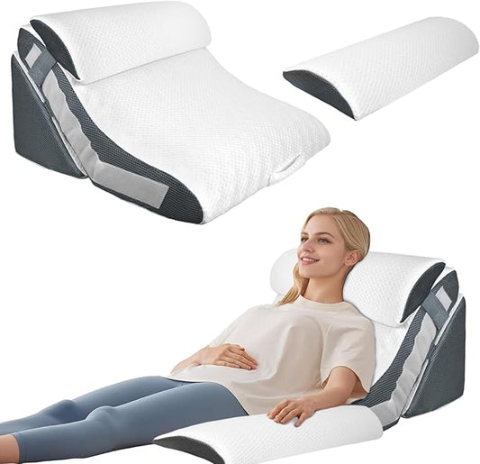 4PCS Orthopedic Bed Wedge Pillow Set, Adjustable Curve Memory Foam Wedge Pillow, Pillow Wedges for Post Surgery, Back Pain Relief, Triangle Pillows for Acid Reflux, Snoring, GERD, White/Grey