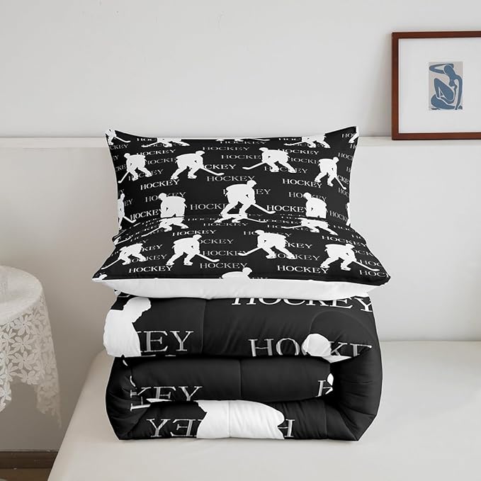 Castle Fairy Ice Hockey Comforter Set,Gray Hockey Player Bedding Set for Kids Girls Women,Adults Winter Sports Comforter,Hockey Sports Event Quilted Duvet Set Bedroom Collection Twin Size 2Pcs