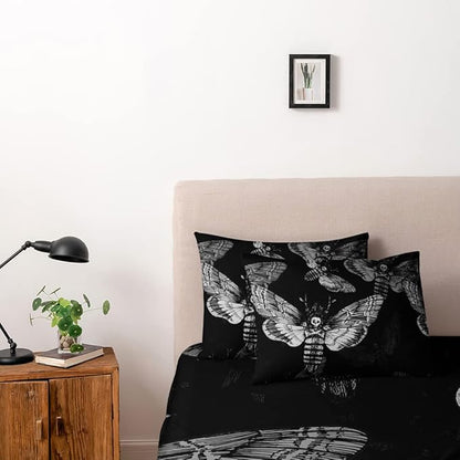 Death Skull Duvet Cover Set Queen Size Gothic Bedding Set Skull Moth Comforter Cover Teens Skeleton Bones Black Bed Set