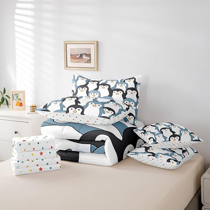 Feelyou Penguin Comforter Set with Sheets Cartoon Penguin 7 Piece Bedding Set for Kids Boys Girls Cute Polar Animal Pattern Bed in a Bag Full Size Snowy Winter Bed Set